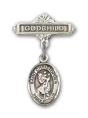 Pin Badge with St. Christopher Charm and Godchild Badge Pin - Silver tone