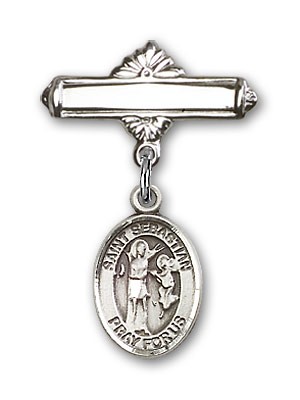 Pin Badge with St. Sebastian Charm and Polished Engravable Badge Pin - Silver tone