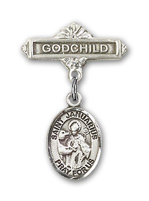 Pin Badge with St. Januarius Charm and Godchild Badge Pin - Silver tone