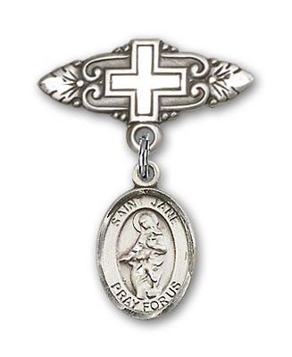 Pin Badge with St. Jane of Valois Charm and Badge Pin with Cross - Silver tone