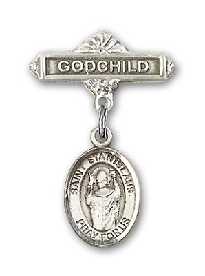 Pin Badge with St. Stanislaus Charm and Godchild Badge Pin - Silver tone