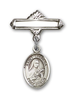 Pin Badge with St. Theresa Charm and Polished Engravable Badge Pin - Silver tone