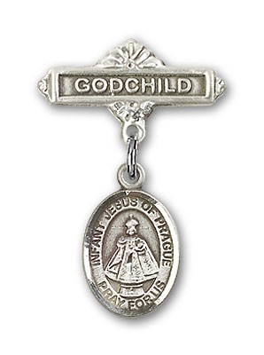Baby Badge with Infant of Prague Charm and Godchild Badge Pin - Silver tone