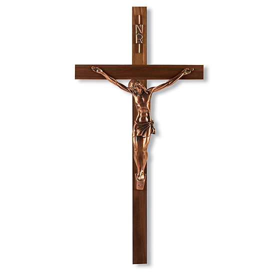 Narrow Walnut Wall Crucifix with Antique Copper Corpus  - 13 inch - Brown
