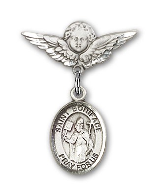 Pin Badge with St. Boniface Charm and Angel with Smaller Wings Badge Pin - Silver tone
