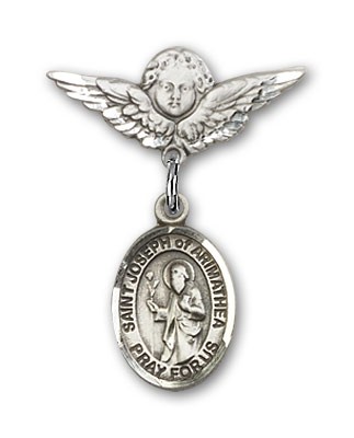 Pin Badge with St. Joseph of Arimathea Charm and Angel with Smaller Wings Badge Pin - Silver tone