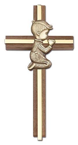 Praying Boy Cross in Walnut 6&quot; with Metal Inlay - Gold Tone
