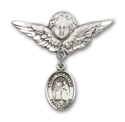 Pin Badge with St. Valentine of Rome Charm and Angel with Larger Wings Badge Pin - Silver tone