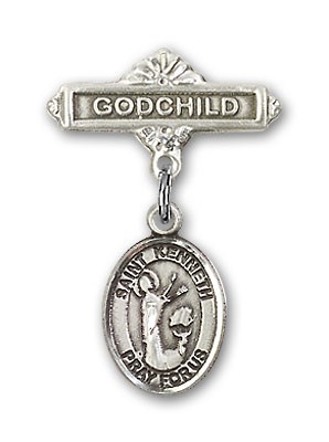 Pin Badge with St. Kenneth Charm and Godchild Badge Pin - Silver tone