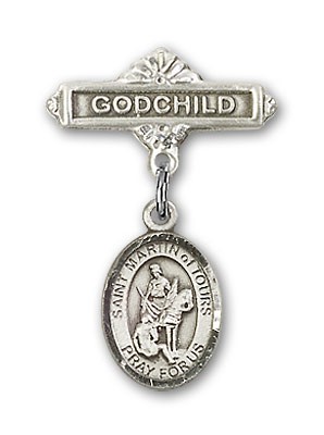 Pin Badge with St. Martin of Tours Charm and Godchild Badge Pin - Silver tone