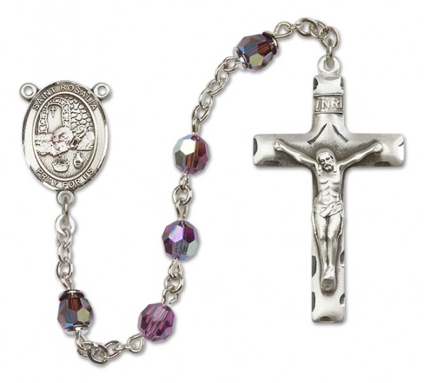 St. Rosalia Sterling Silver Heirloom Rosary Squared Crucifix - Amethyst