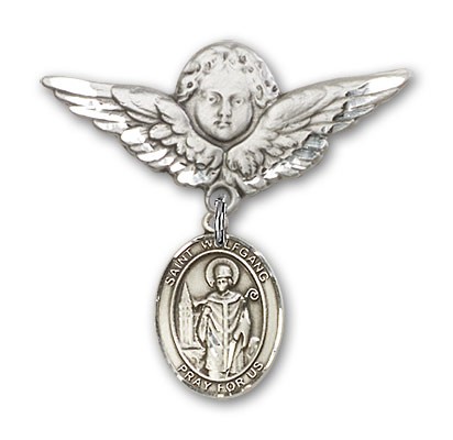 Pin Badge with St. Wolfgang Charm and Angel with Larger Wings Badge Pin - Silver tone
