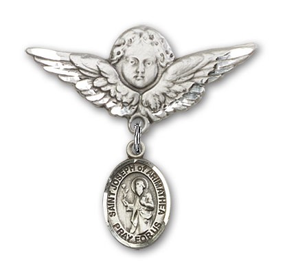 Pin Badge with St. Joseph of Arimathea Charm and Angel with Larger Wings Badge Pin - Silver tone