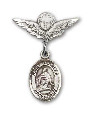 Pin Badge with St. Charles Borromeo Charm and Angel with Smaller Wings Badge Pin - Silver tone
