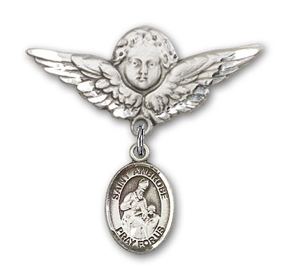 Pin Badge with St. Ambrose Charm and Angel with Larger Wings Badge Pin - Silver tone