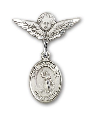 Pin Badge with St. Joan of Arc Charm and Angel with Smaller Wings Badge Pin - Silver tone