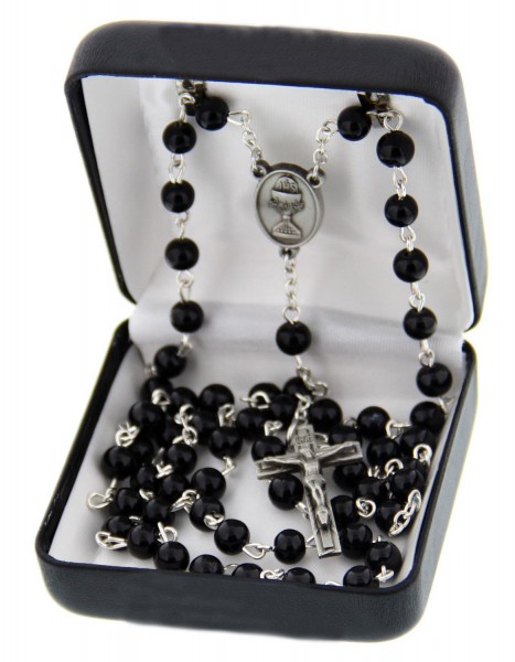 First Communion Black Wood Rosary with Chalice Centerpiece - Black | Silver