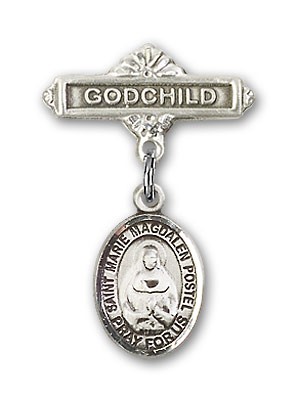 Baby Badge with Marie Magdalen Postel Charm and Godchild Badge Pin - Silver tone