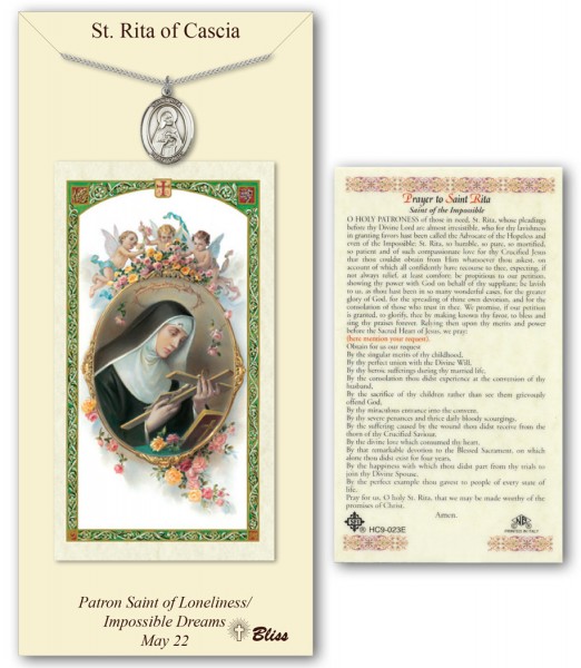 St. Rita of Cascia Medal in Pewter with Prayer Card - Silver tone