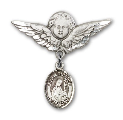 Pin Badge with St. Gertrude of Nivelles Charm and Angel with Larger Wings Badge Pin - Silver tone