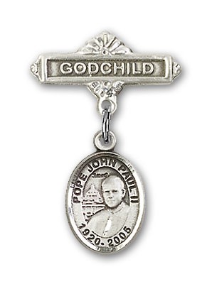Baby Badge with Pope John Paul II Charm and Godchild Badge Pin - Silver tone