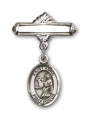 Pin Badge with St. Luke the Apostle Charm and Polished Engravable Badge Pin - Silver tone