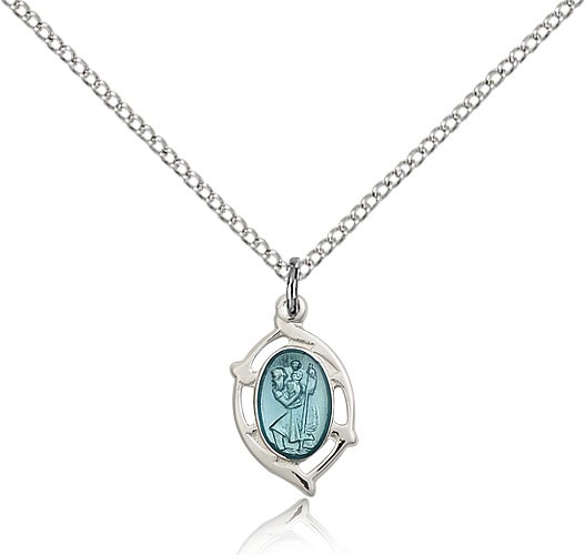 Open-Cut Oval with Blue Enamel Women's St. Christopher Necklace - Sterling Silver
