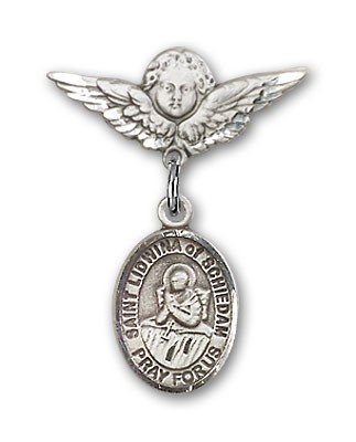 Pin Badge with St. Lidwina of Schiedam Charm and Angel with Smaller Wings Badge Pin - Silver tone