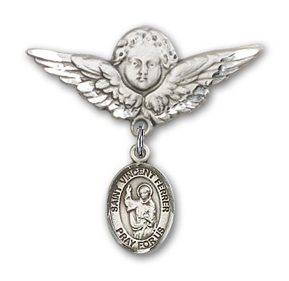 Pin Badge with St. Vincent Ferrer Charm and Angel with Larger Wings Badge Pin - Silver tone