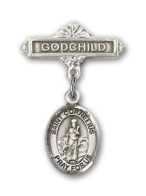Pin Badge with St. Cornelius Charm and Godchild Badge Pin - Silver tone