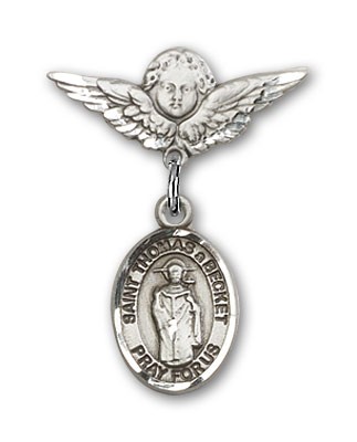 Pin Badge with St. Thomas A Becket Charm and Angel with Smaller Wings Badge Pin - Silver tone