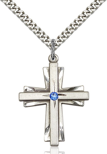 Large Women's Cross on Cross Pendant with Birthstone Options - Sapphire