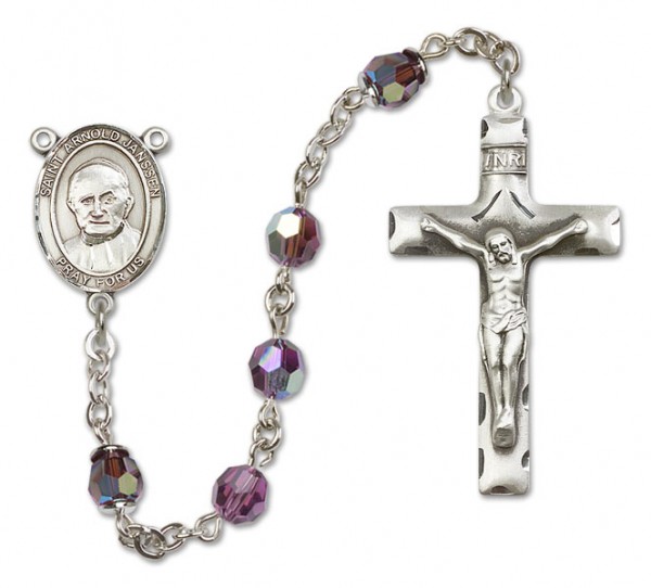 St. Arnold Janssen Sterling Silver Heirloom Rosary Squared Crucifix - Amethyst