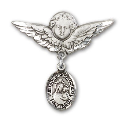 Pin Badge with Our Lady of Good Counsel Charm and Angel with Larger Wings Badge Pin - Silver tone