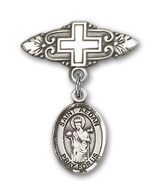 Pin Badge with St. Aedan of Ferns Charm and Badge Pin with Cross - Silver tone