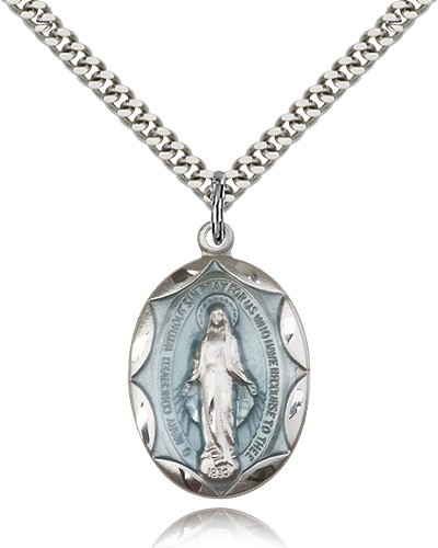 Large Blue Enamel Miraculous Medal Necklace - Silver | Blue