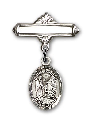 Pin Badge with St. Fiacre Charm and Polished Engravable Badge Pin - Silver tone