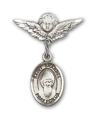 Pin Badge with St. Sharbel Charm and Angel with Smaller Wings Badge Pin - Silver tone