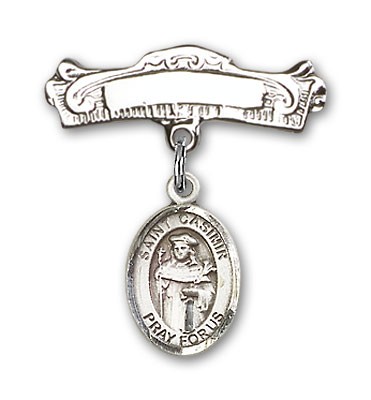 Pin Badge with St. Casimir of Poland Charm and Arched Polished Engravable Badge Pin - Silver tone