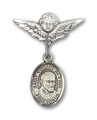 Pin Badge with St. Vincent de Paul Charm and Angel with Smaller Wings Badge Pin - Silver tone