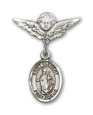 Pin Badge with St. Clement Charm and Angel with Smaller Wings Badge Pin - Silver tone