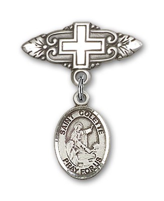 Pin Badge with St. Colette Charm and Badge Pin with Cross - Silver tone
