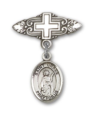 Pin Badge with St. Grace Charm and Badge Pin with Cross - Silver tone