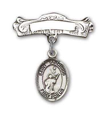 Pin Badge with St. Tarcisius Charm and Arched Polished Engravable Badge Pin - Silver tone