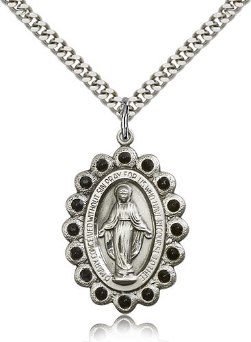 Black Crystal Miraculous Medal Necklace - Sterling Silver