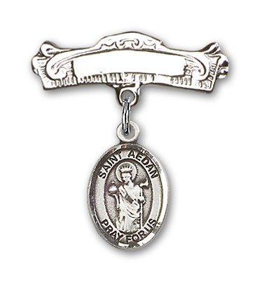 Pin Badge with St. Aedan of Ferns Charm and Arched Polished Engravable Badge Pin - Silver tone