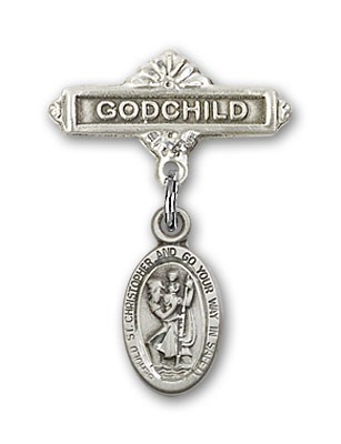 Pin Badge with St. Christopher Charm and Godchild Badge Pin - Sterling Silver