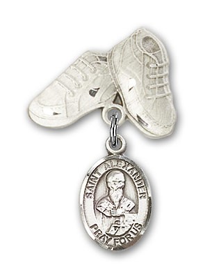 Pin Badge with St. Alexander Sauli Charm and Baby Boots Pin - Silver tone