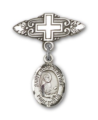 Pin Badge with St. Bonaventure Charm and Badge Pin with Cross - Silver tone