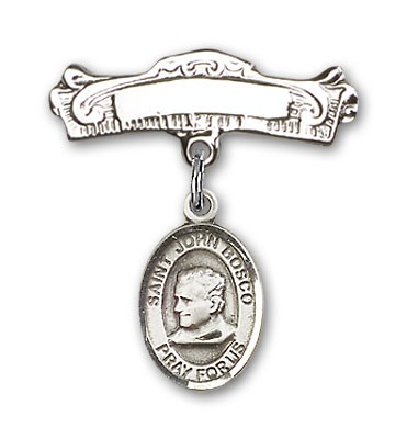 Pin Badge with St. John Bosco Charm and Arched Polished Engravable Badge Pin - Silver tone